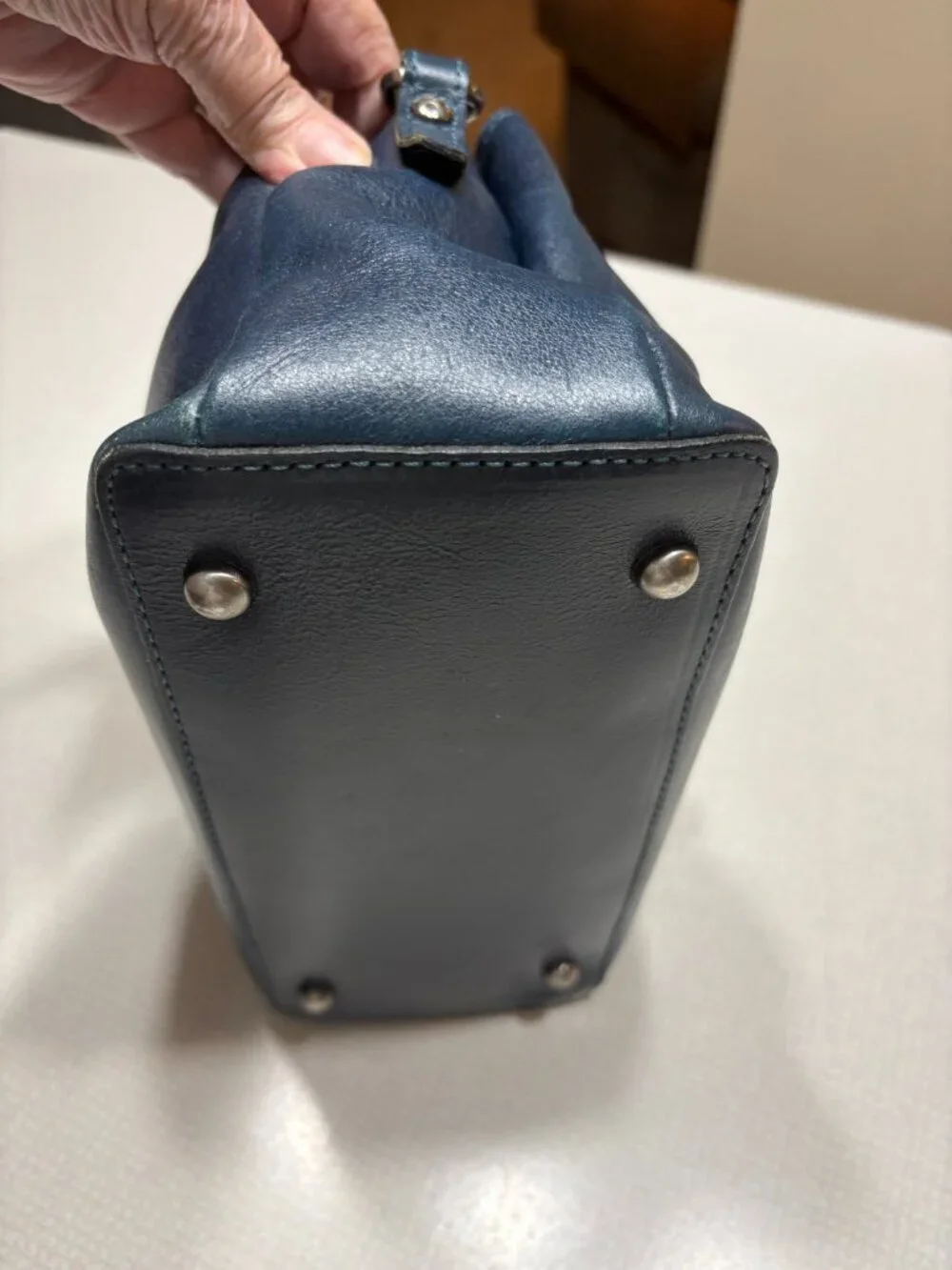 GUC Patricia Nash Navy Leather Satchel with Metal Ring Handles